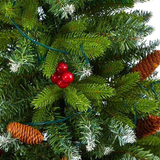 4.5ft. Pre-Lit Snow Tipped Portland Spruce Artificial Christmas Tree in White Metal Planter, Clear LED Lights